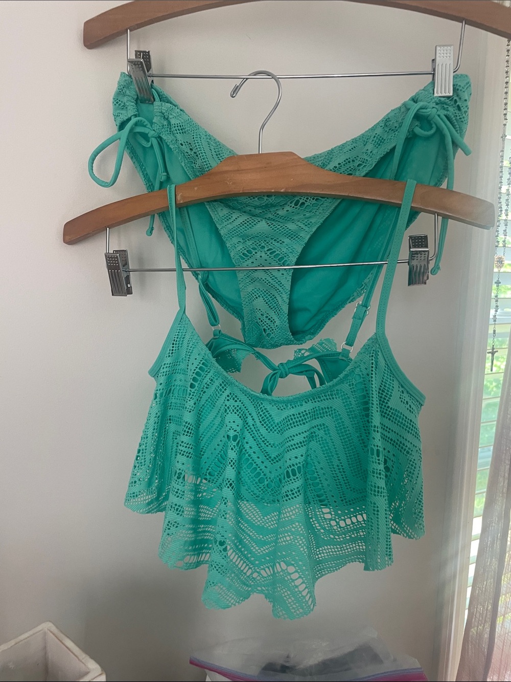 Women's Teal Crochet Flounce Bikini Top and Bottom Set